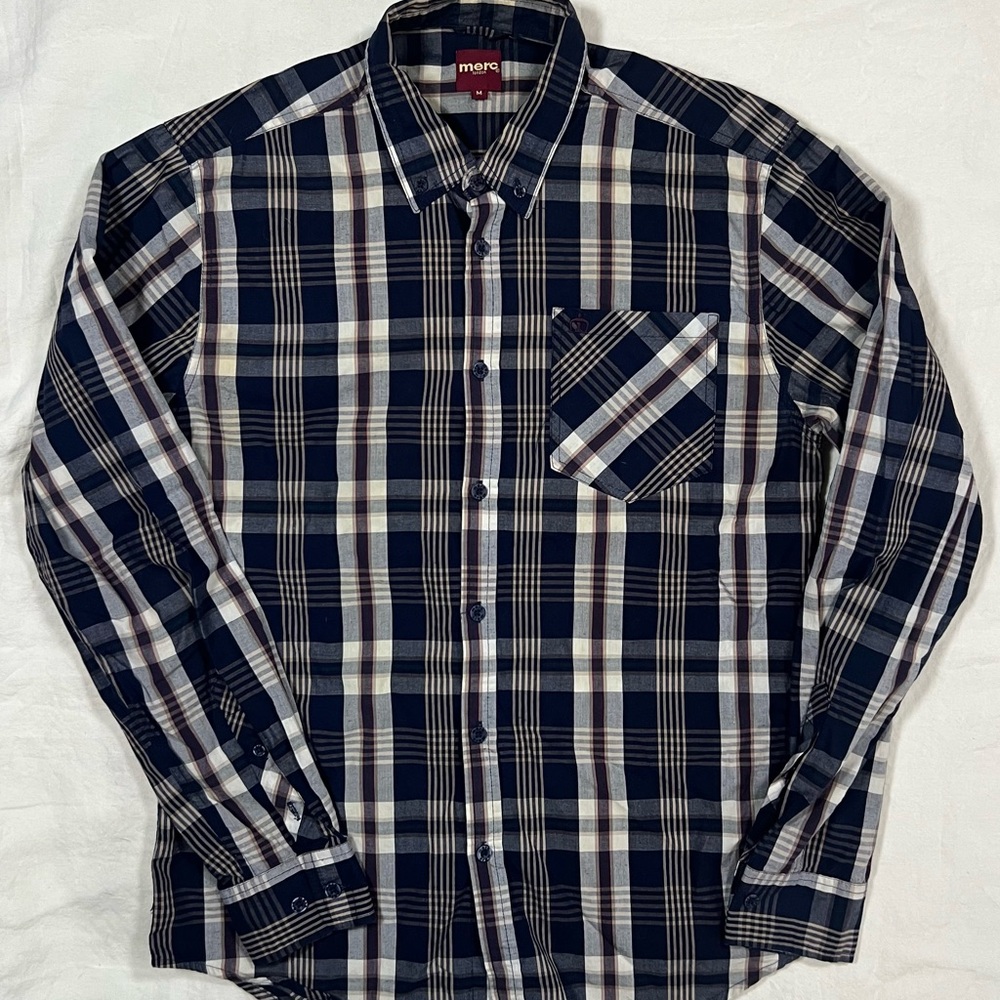 Merc London Plaid Button Down Shirt Mens Medium Mod Style Navy Check Long Sleeve